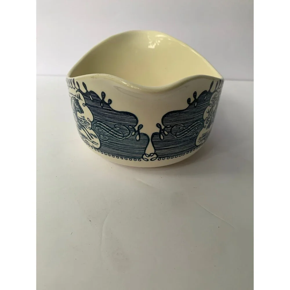 Vintage Currier & Ives Double Spouted Gravy Boat and Resting/Under Plate 1949-86